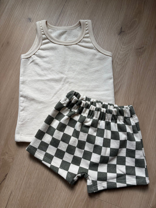 Organic Olive Check Shorts & Tank